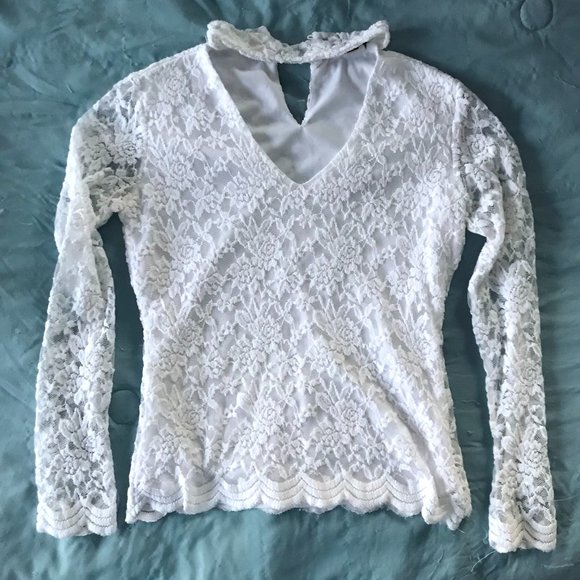 White Ivory Floral Embroidered Lace Double Layered Sheer Long Sleeve Top - Picture 1 of 16